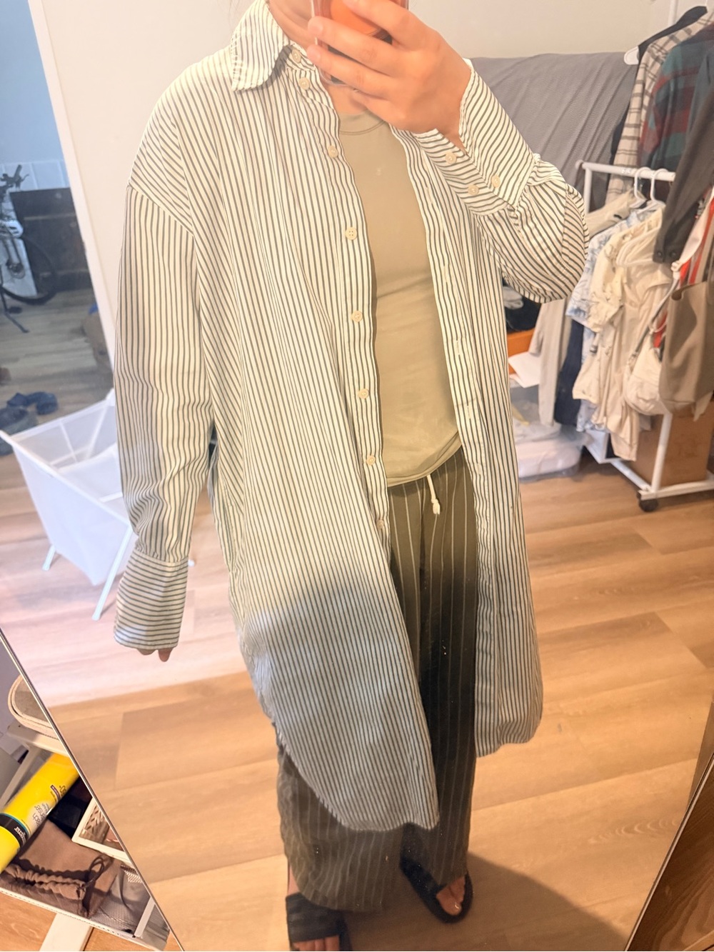 COS White and Green Striped Long Shirt Jacket